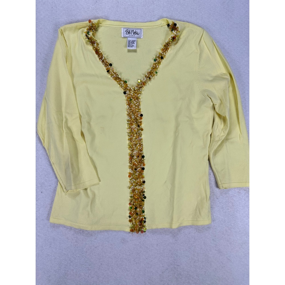 Bob Mackie Studio Y2K Womens Yellow V-Neck Sequin Beaded Knit Top Size Medium M